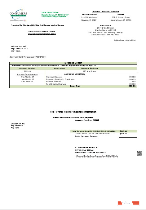 USA Consumers Energy business utility bill template in Word and PDF formats